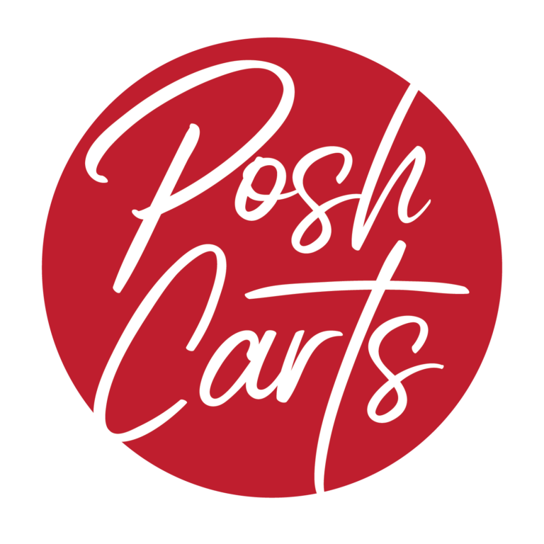 A red circle with the words Posh Carts written in large, elegant white script across the center.